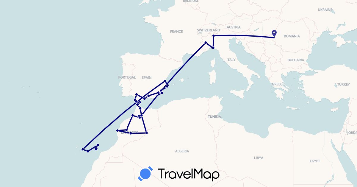 TravelMap itinerary: driving in Spain, Gibraltar, Italy, Morocco, Romania (Africa, Europe)